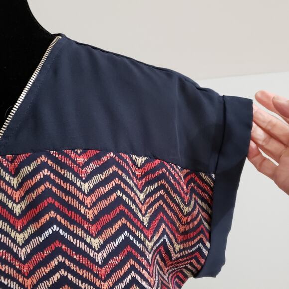 Chevron Striped Zipper Semi Sheer Short Sleeve Top Large Indie Boho Chic Retr - Picture 9 of 13